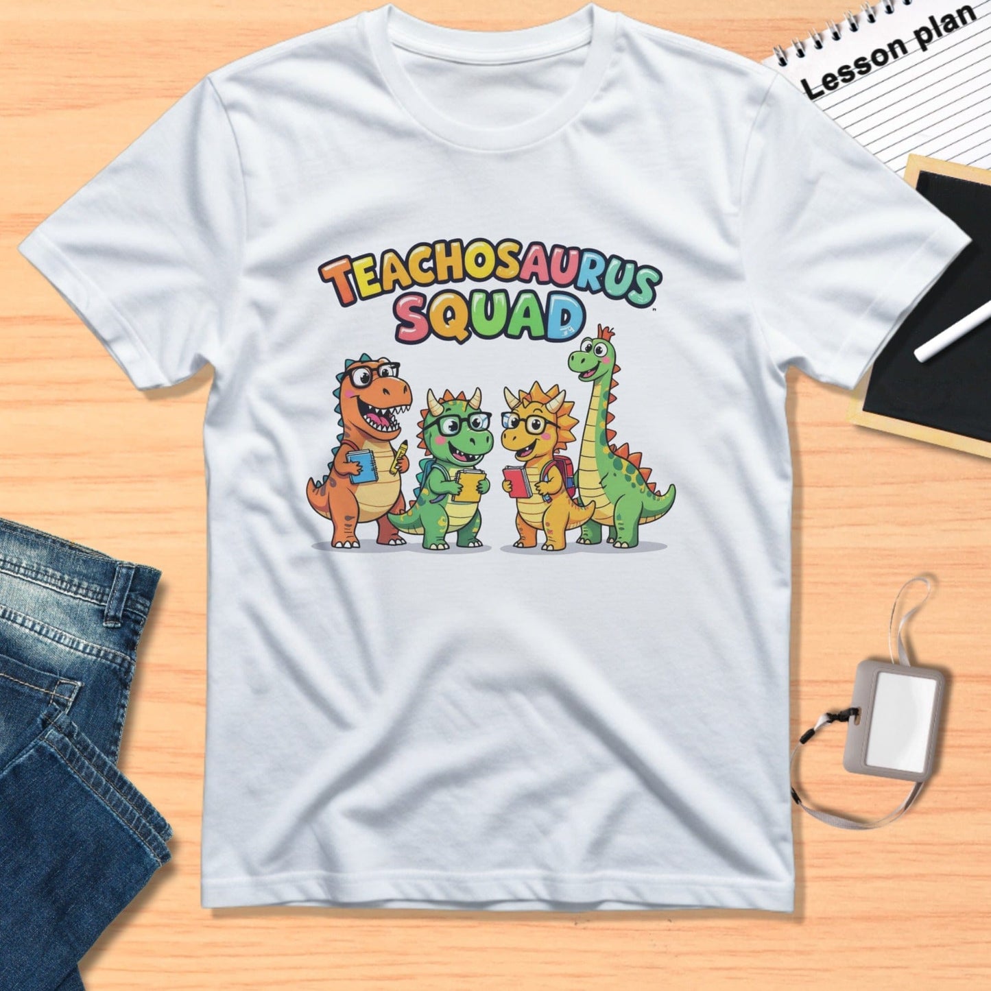 Teachosaurus Squad Colorful Dinosaur Graphic T-shirt