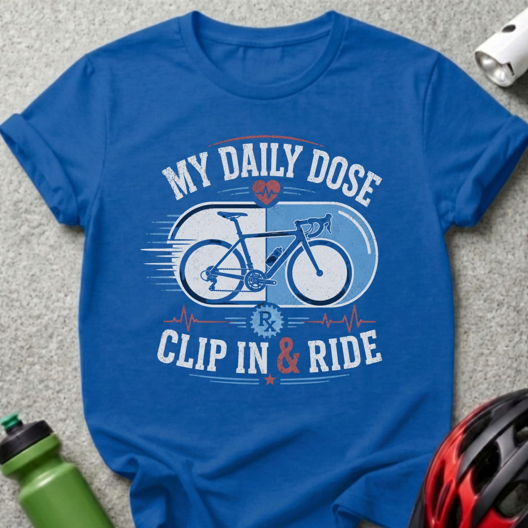 Blue t-shirt with "My Daily Dose" and "Clip In & Ride" text and bicycle graphic.