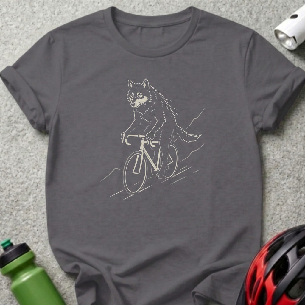 Wolf cycling uphill on a bicycle, dark grey t-shirt.