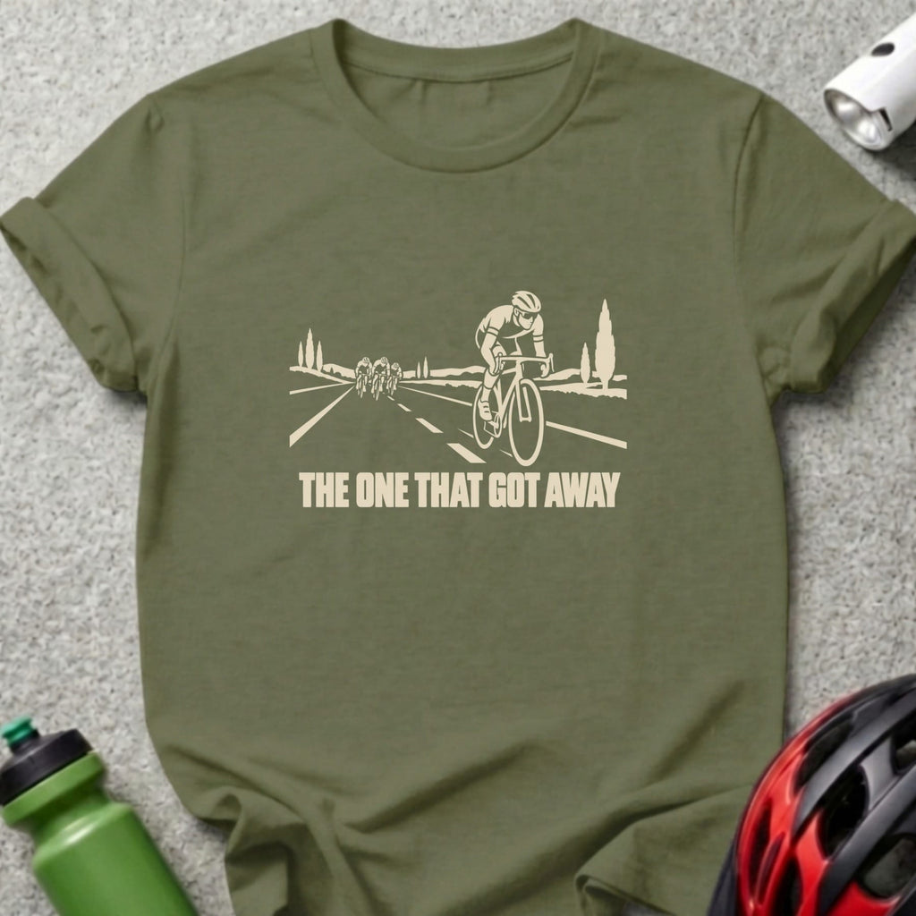 An olive green crewneck t-shirt featuring a cycling graphic and the text THE ONE THAT GOT AWAY.