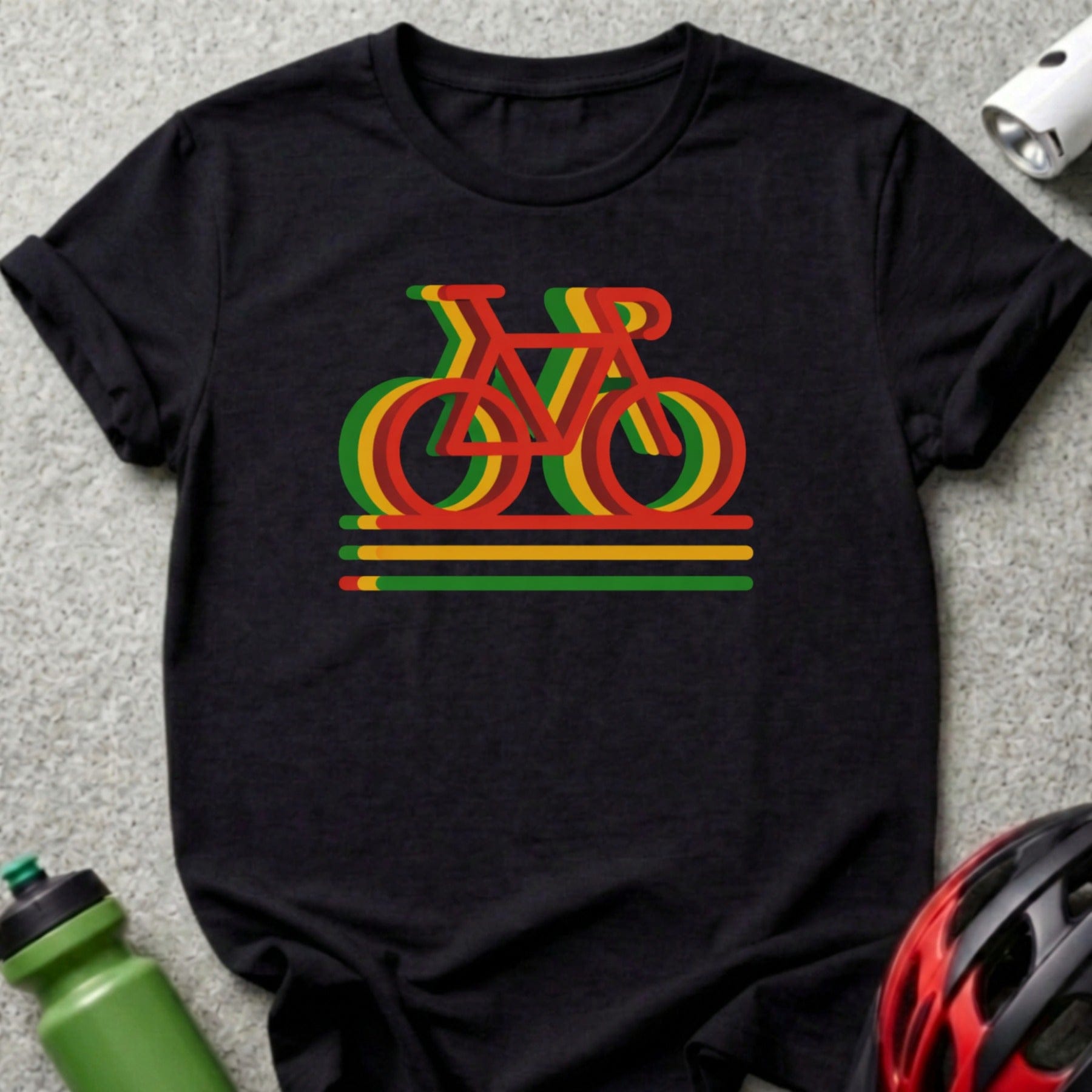 Colorful Bicycle Print Design on Black T-Shirt