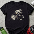 Cyclist in motion graphic on a black t-shirt with a helmet and water bottle.