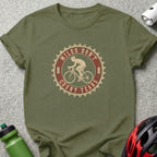 Olive green t-shirt with "Miles Don't Count Years" cycling graphic on chest.