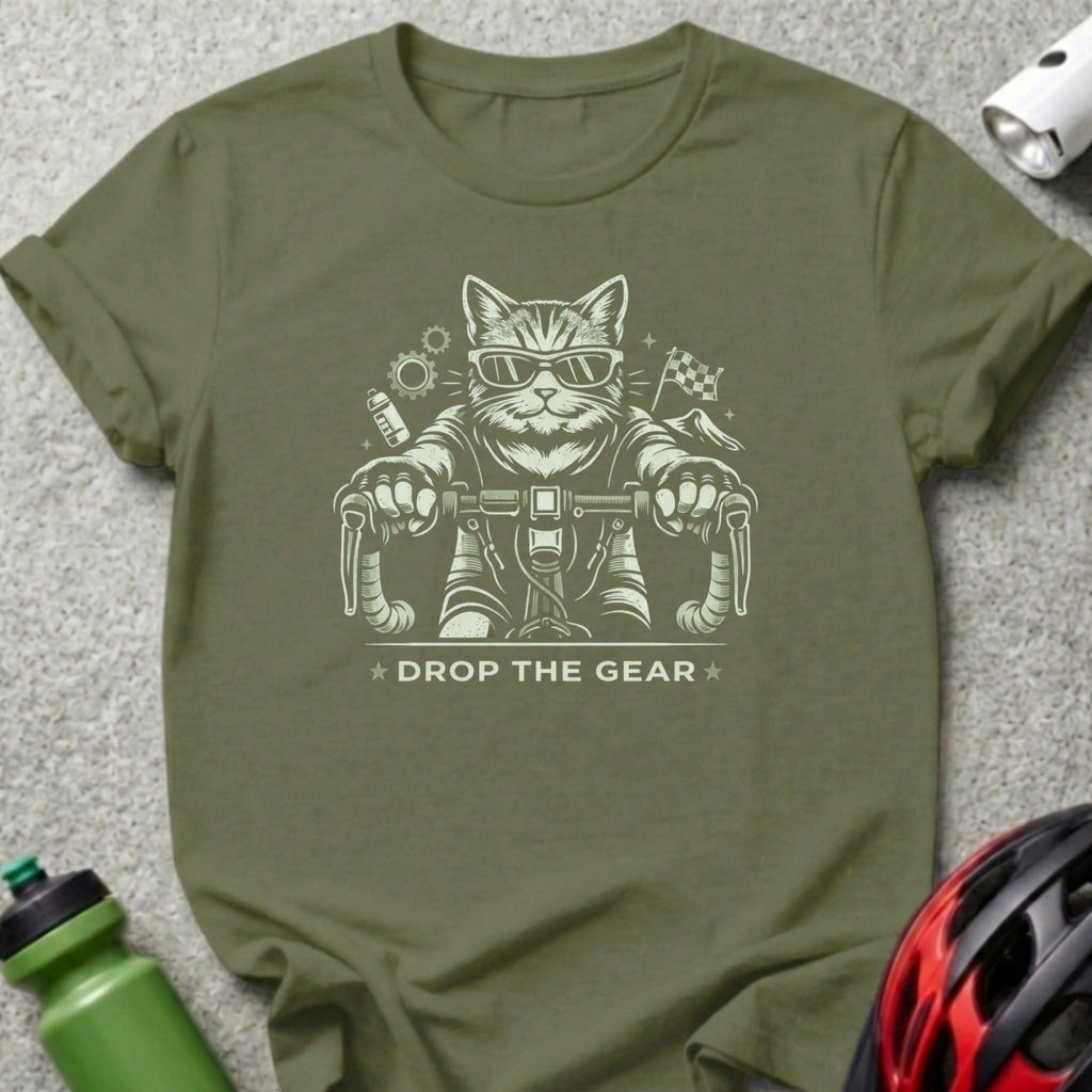 Drop the Gear Cat Riding Bicycle Cool Graphic T-Shirt