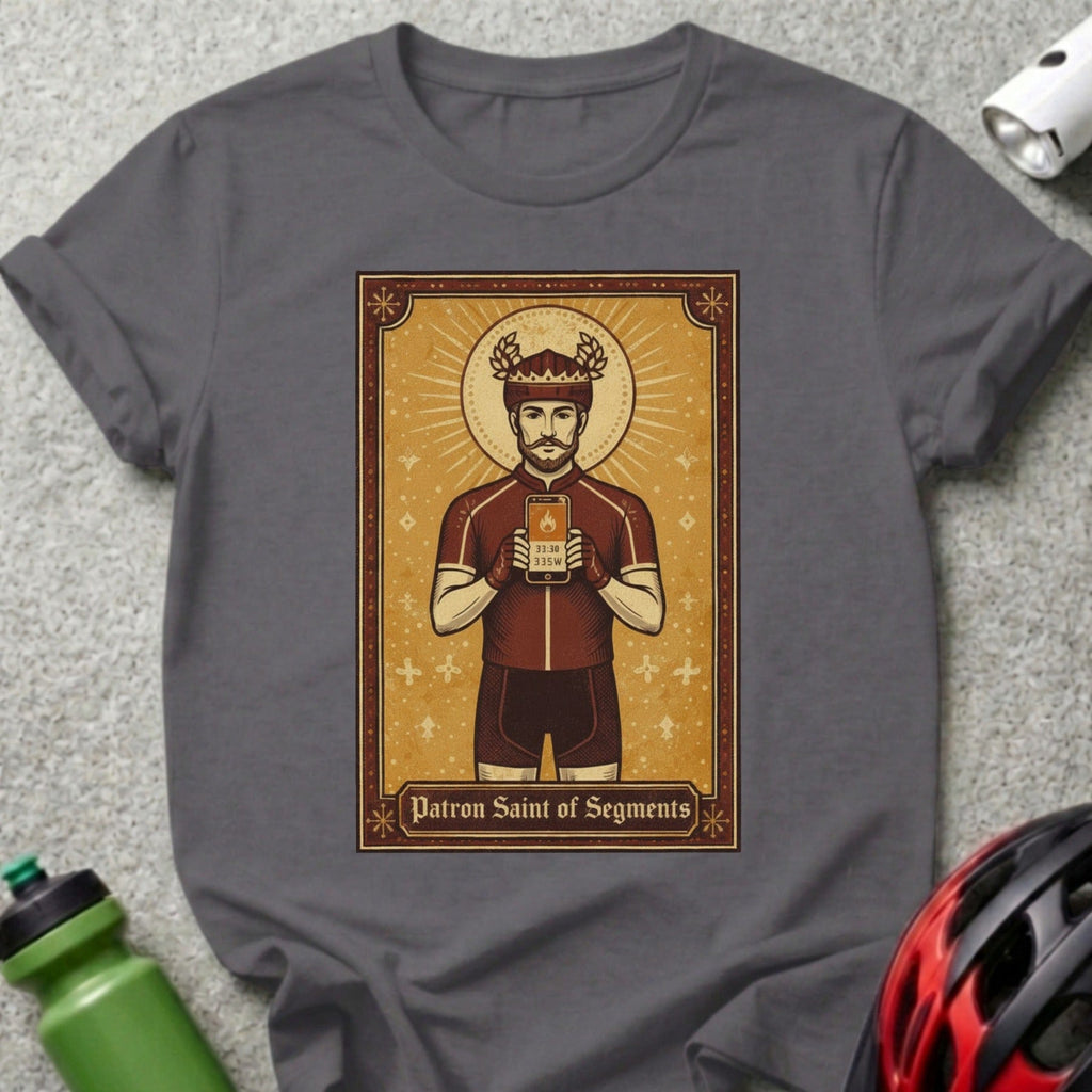 Illustration of a cyclist saint holding a phone on a dark gray t-shirt.