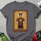 Illustration of a cyclist saint holding a phone on a dark gray t-shirt.