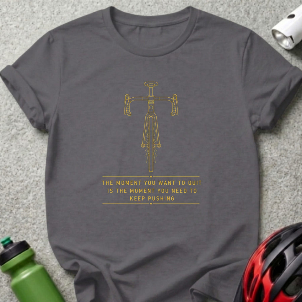 Dark grey t-shirt with yellow line art of a bicycle and motivational text.