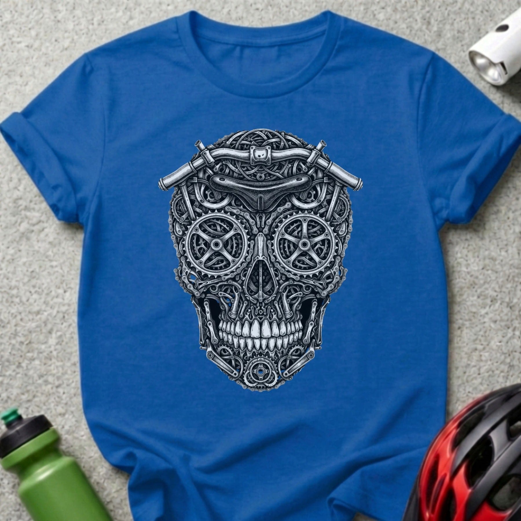 Intricate Mechanical Skull Design on Blue T-shirt