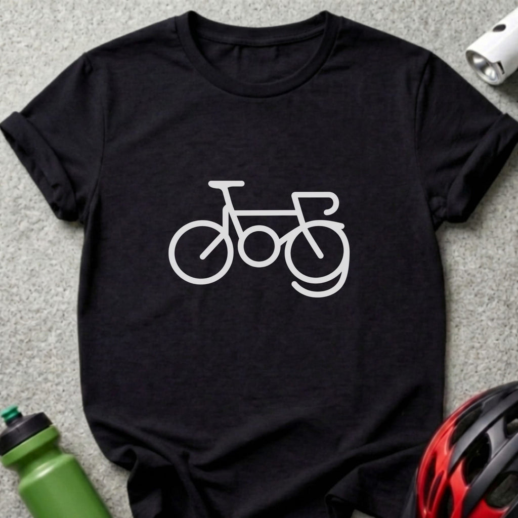 A black crewneck t-shirt featuring a minimalist white line drawing of a bicycle on the chest.