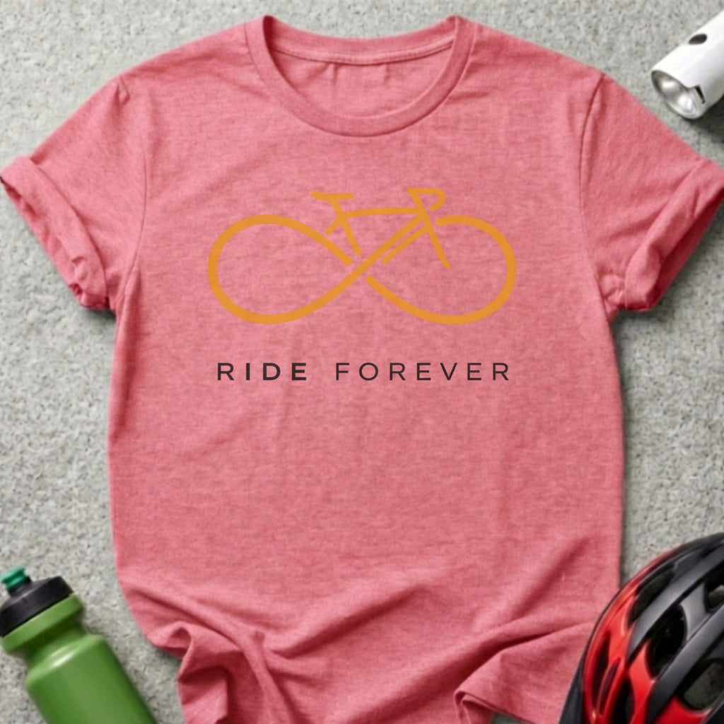 Pink t-shirt with an orange infinity bicycle logo and "RIDE FOREVER" text.