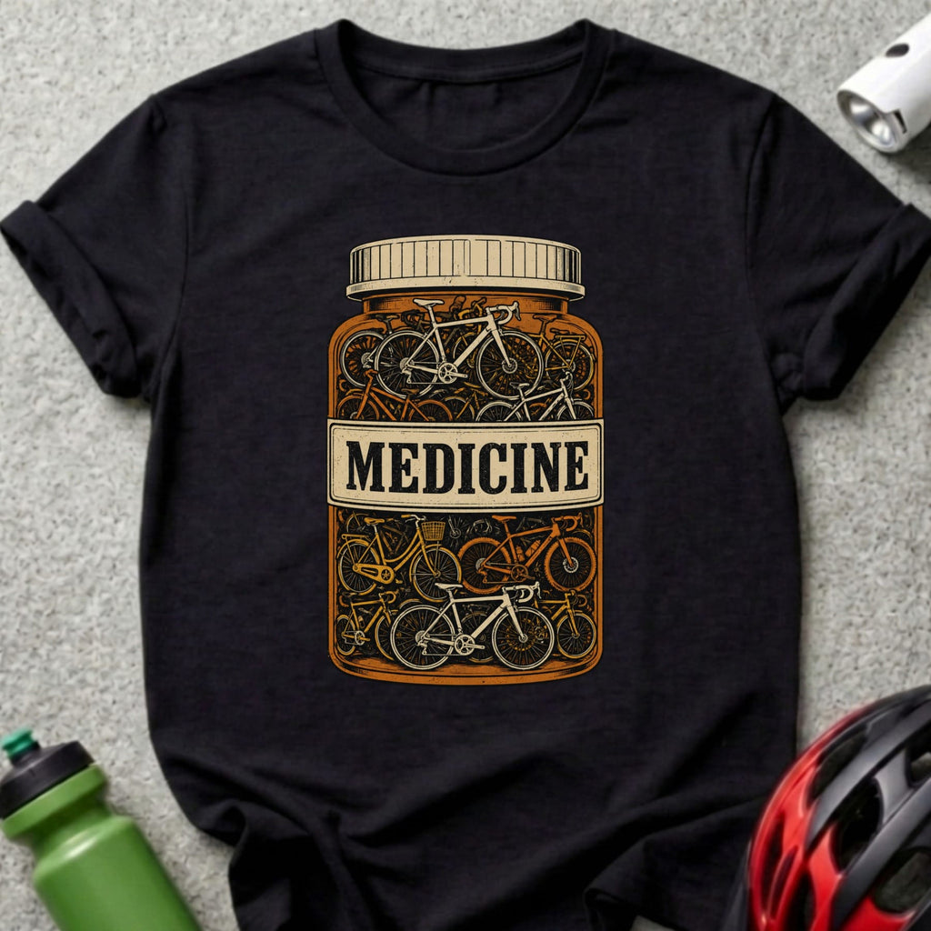 T-shirt with a graphic of bicycles inside a medicine bottle labeled "MEDICINE".
