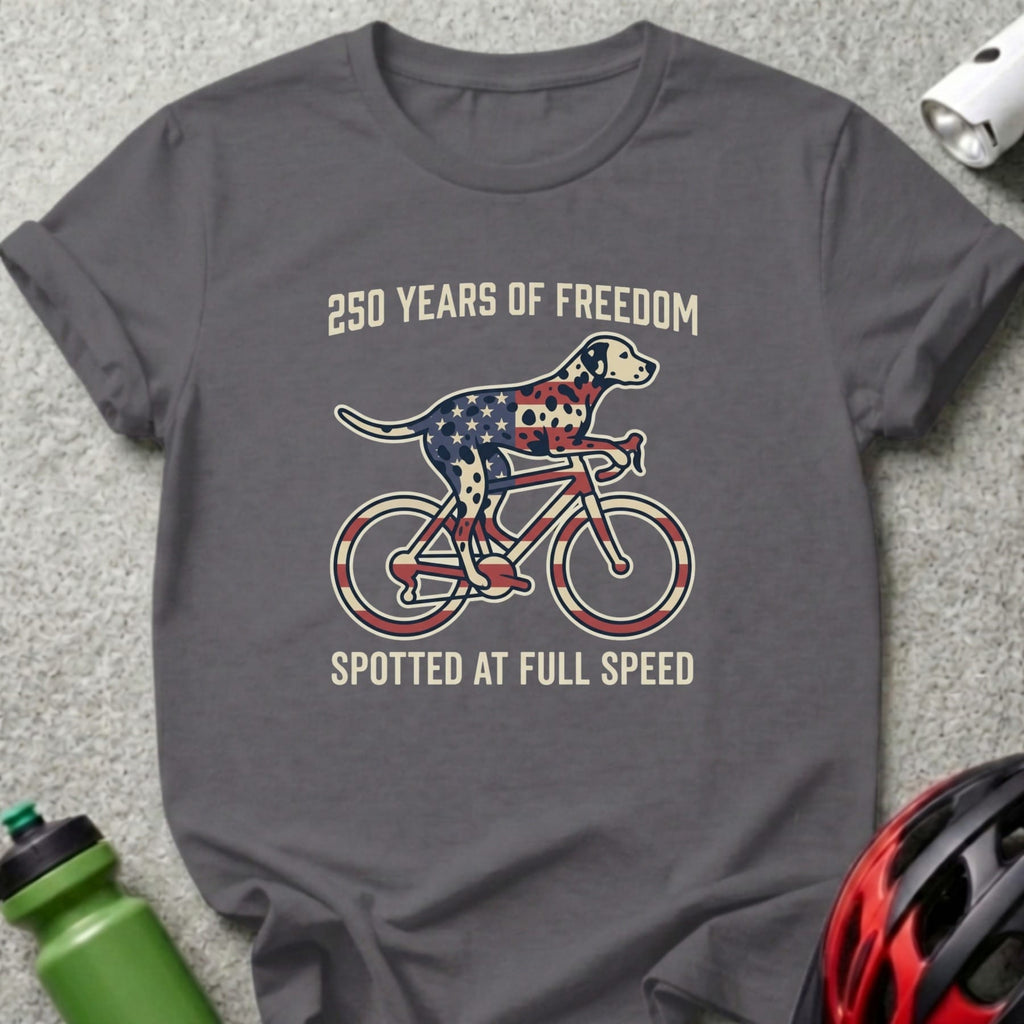 Dalmatian on a bicycle with American flag pattern, "250 Years of Freedom" text.