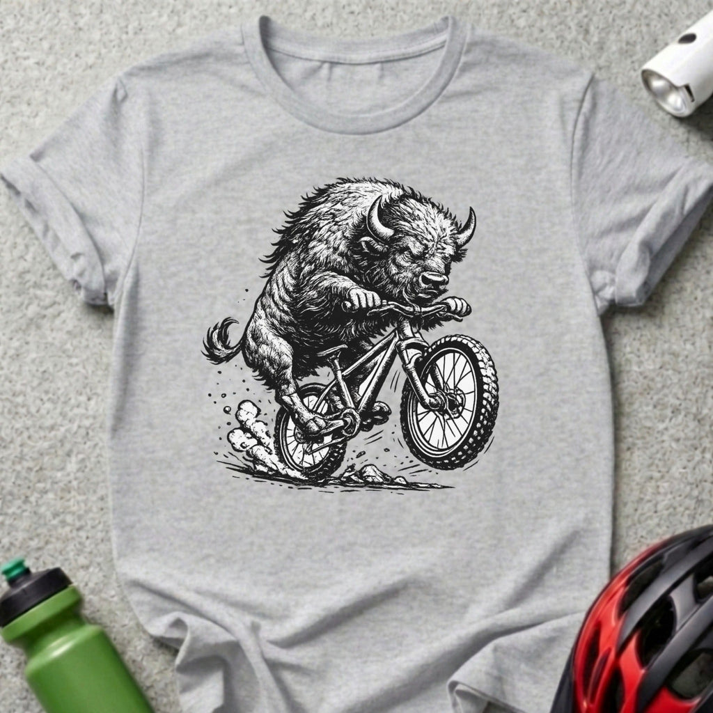 Buffalo Riding Bike Graphic Tee for Cycling Enthusiasts