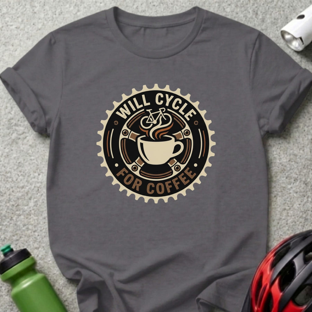 T-shirt with "Will Cycle For Coffee" text and a coffee cup inside a bike gear.