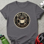 T-shirt with "Will Cycle For Coffee" text and a coffee cup inside a bike gear.