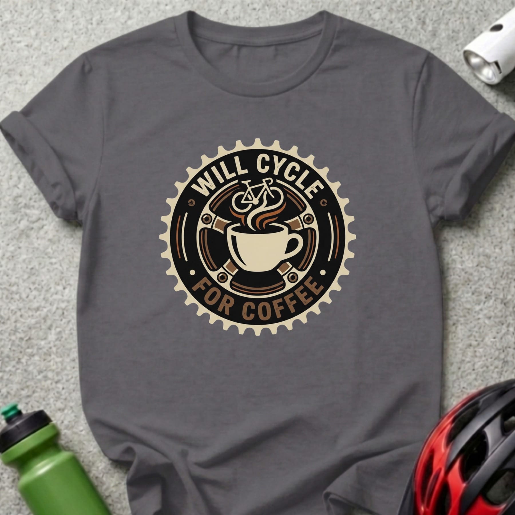 T-shirt with "Will Cycle For Coffee" text and a coffee cup inside a bike gear.
