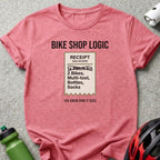 T-shirt with "Bike Shop Logic" receipt listing items and cost.