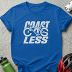 Blue t-shirt with white "Coast Less" text and a bicycle graphic.