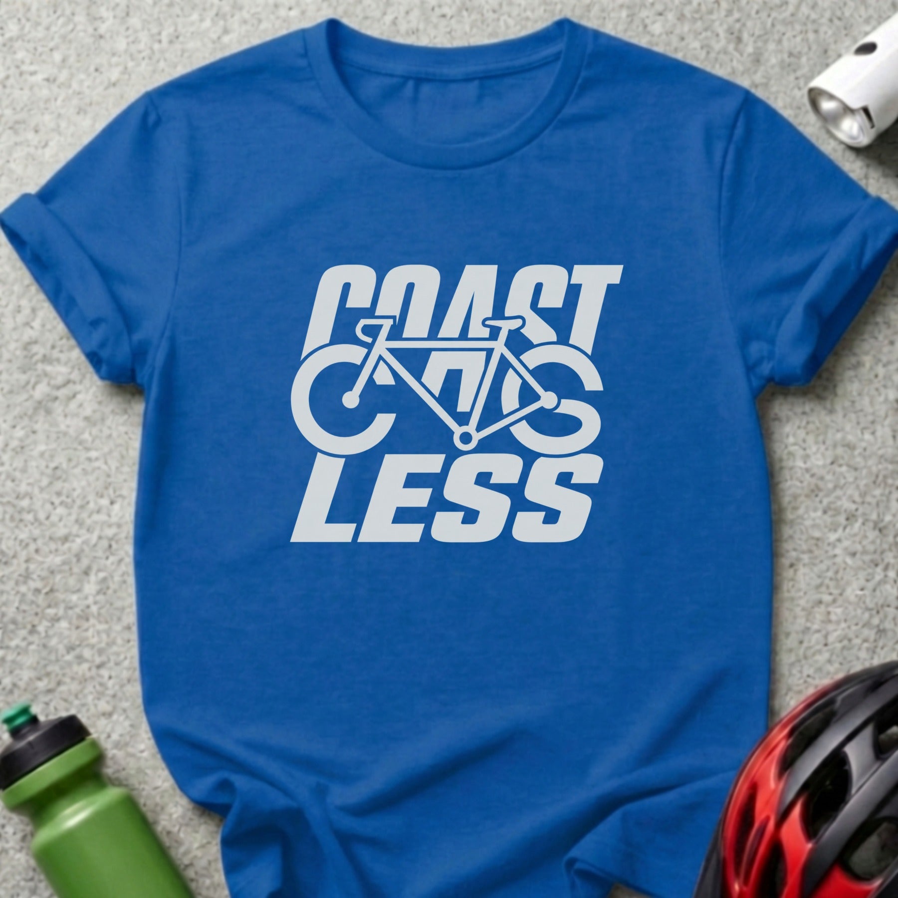 Blue t-shirt with white "Coast Less" text and a bicycle graphic.