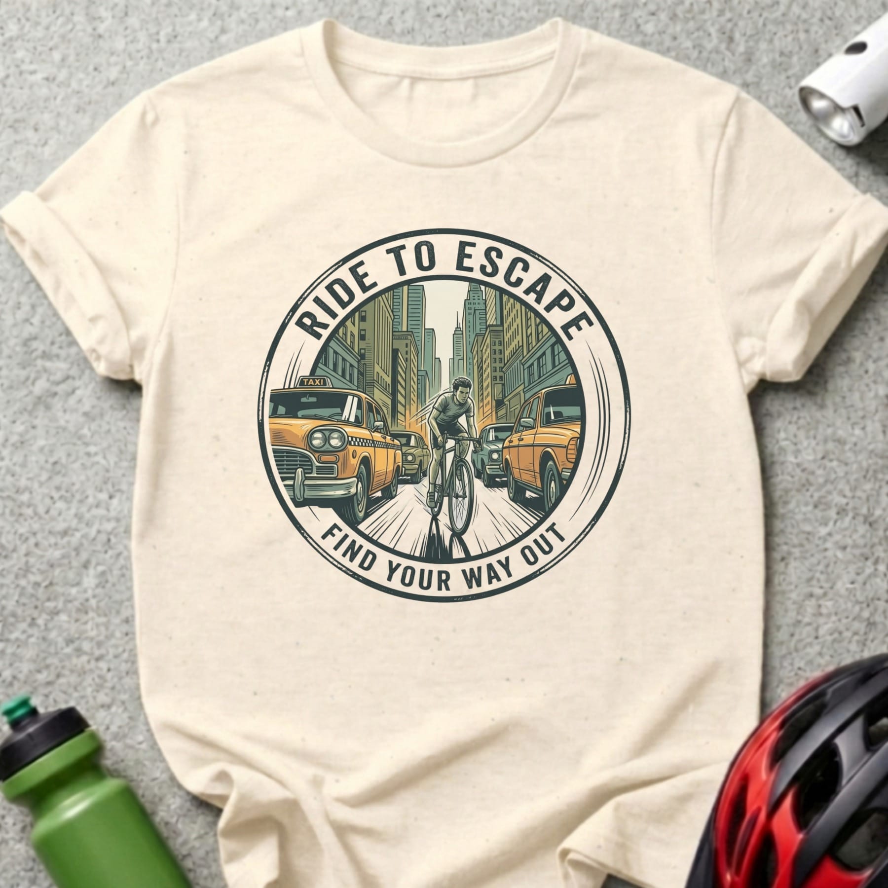 Circular graphic on t-shirt: "Ride to Escape, Find Your Way Out" with cyclist on city street.