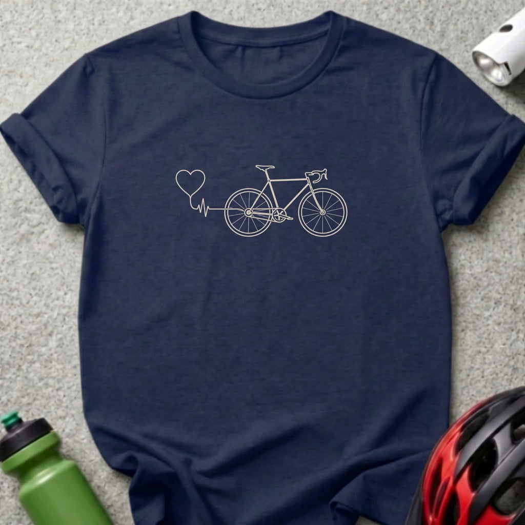Navy t-shirt with a white outline of a bicycle and a heart at the end of a heartbeat line.