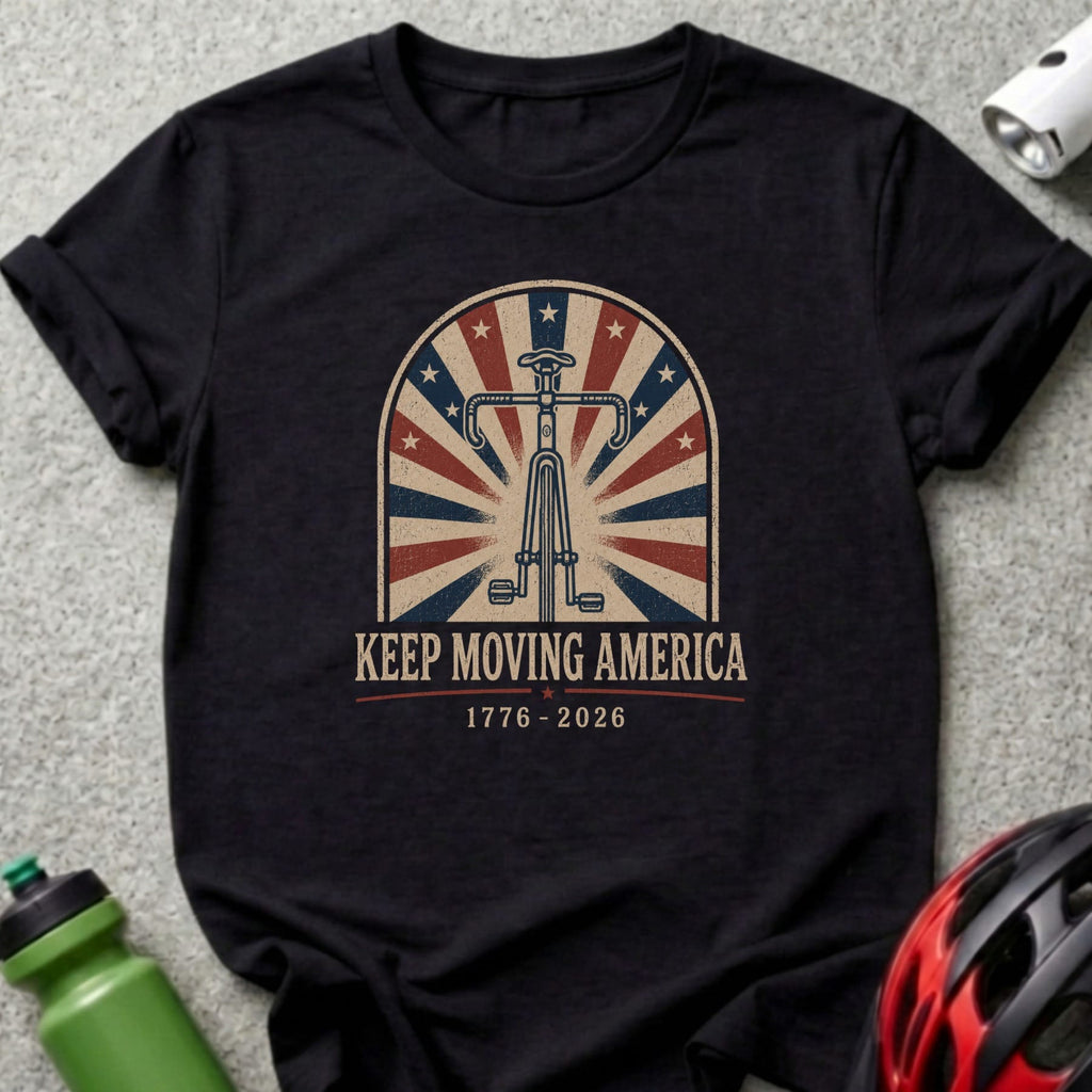 Black t-shirt with "Keep Moving America" text and bicycle wheel design.