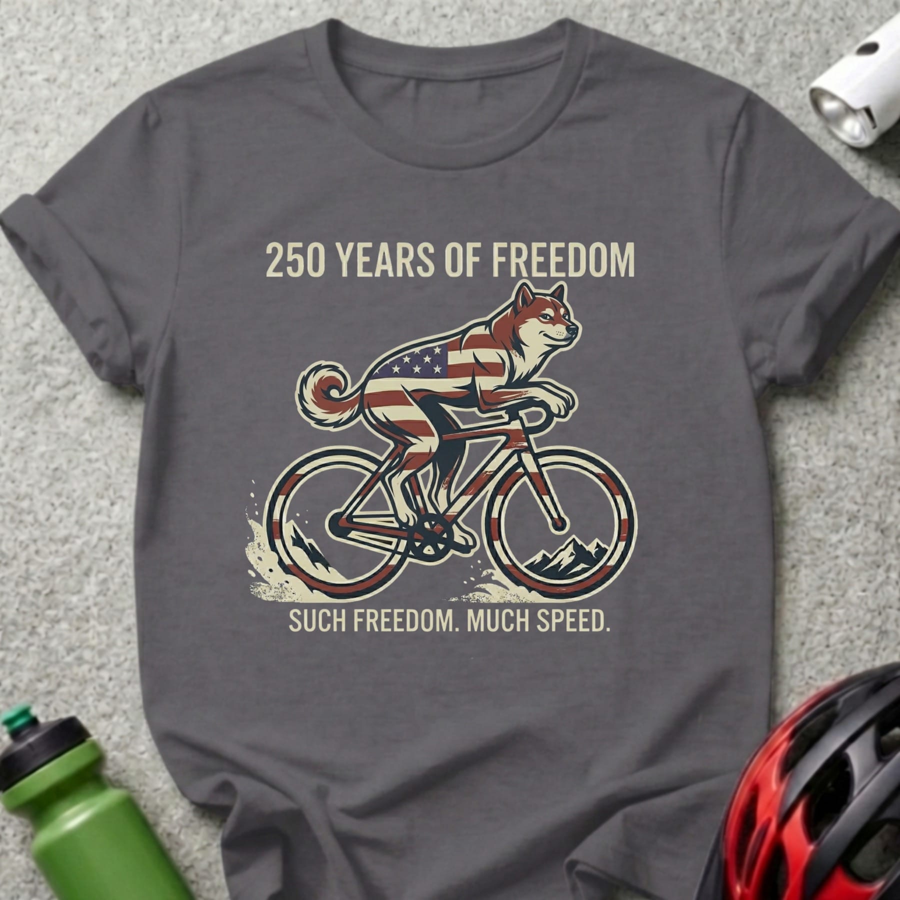 Dog in American flag bandana rides a bicycle with patriotic stars and stripes.
