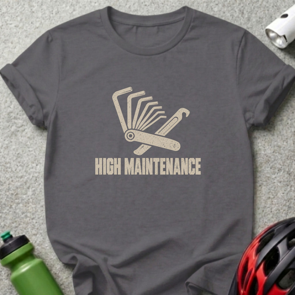 Dark gray t-shirt with a distressed graphic of a bicycle multi-tool and the text HIGH MAINTENANCE.