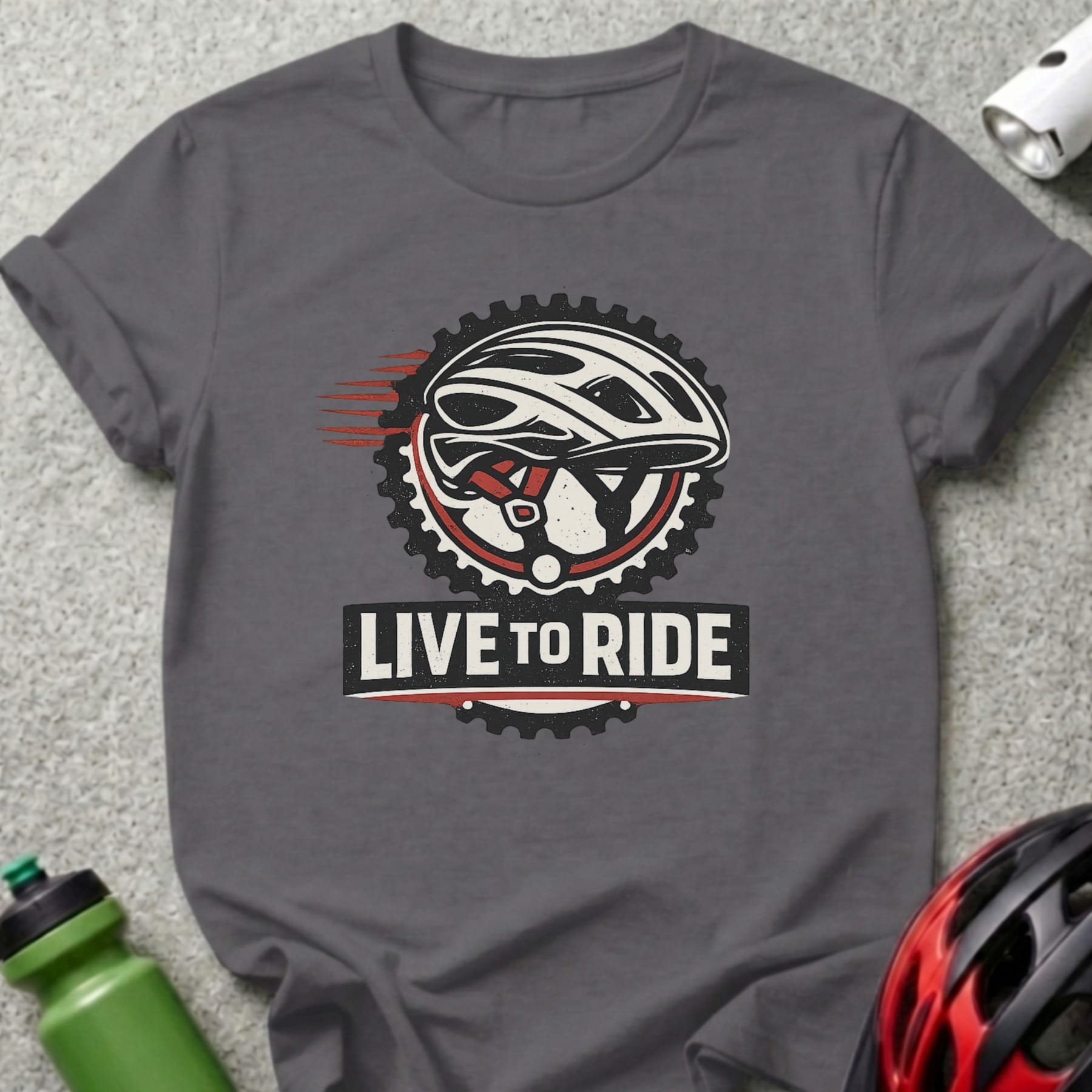Gray t-shirt with "Live to Ride" text and bicycle helmet graphic.