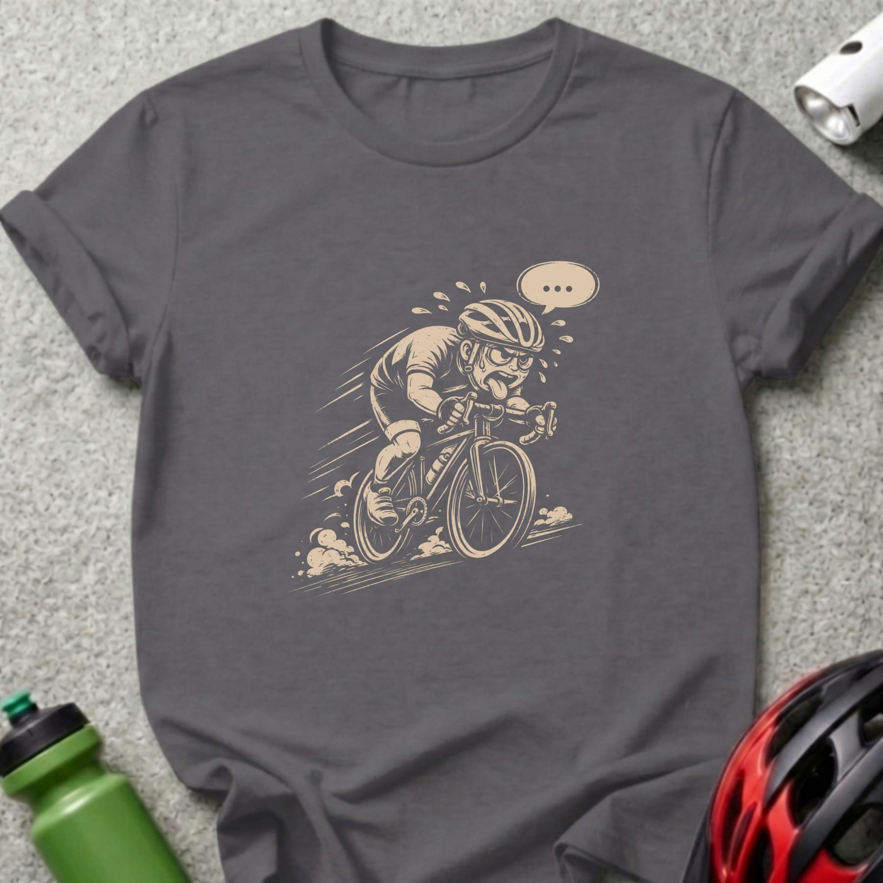 Graphic art of a cyclist pedaling with effort, a speech bubble above.