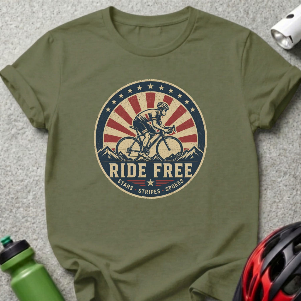 Olive green t-shirt with "RIDE FREE STARS STRIPES SPOKES" cyclical graphic.