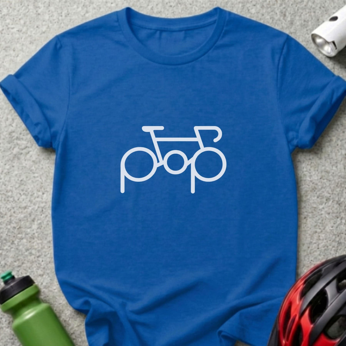 A blue short-sleeve t-shirt features a white bicycle graphic on the chest.