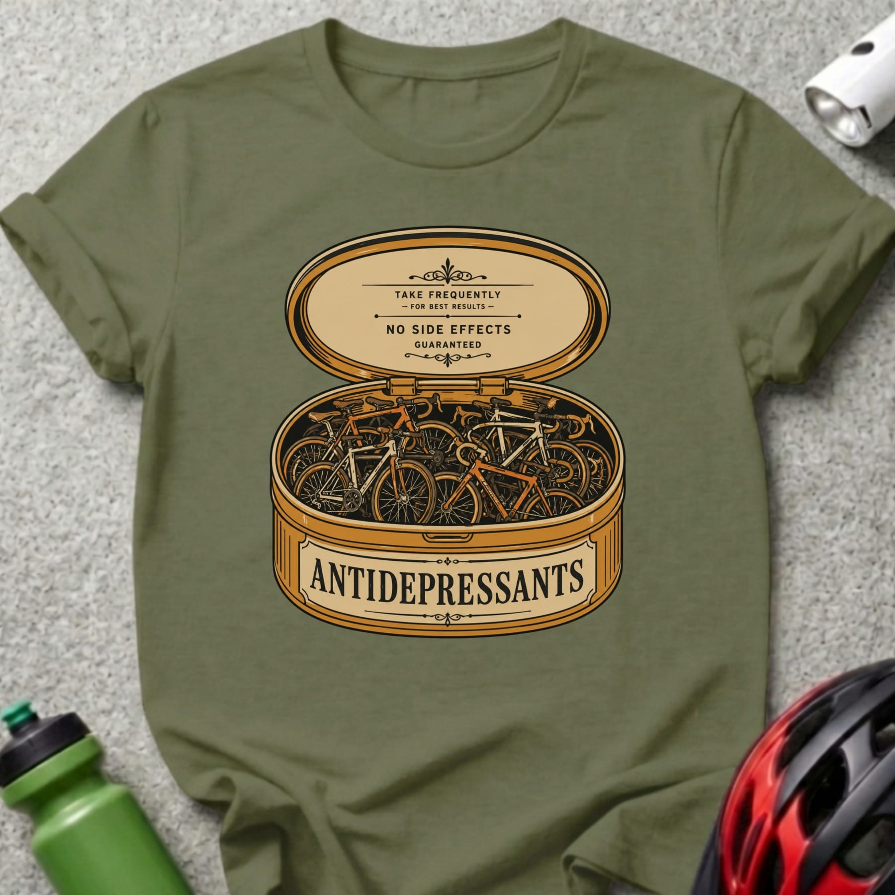 Tin of tiny bicycles labeled "ANTIDEPRESSANTS" with "NO SIDE EFFECTS GUARANTEED".