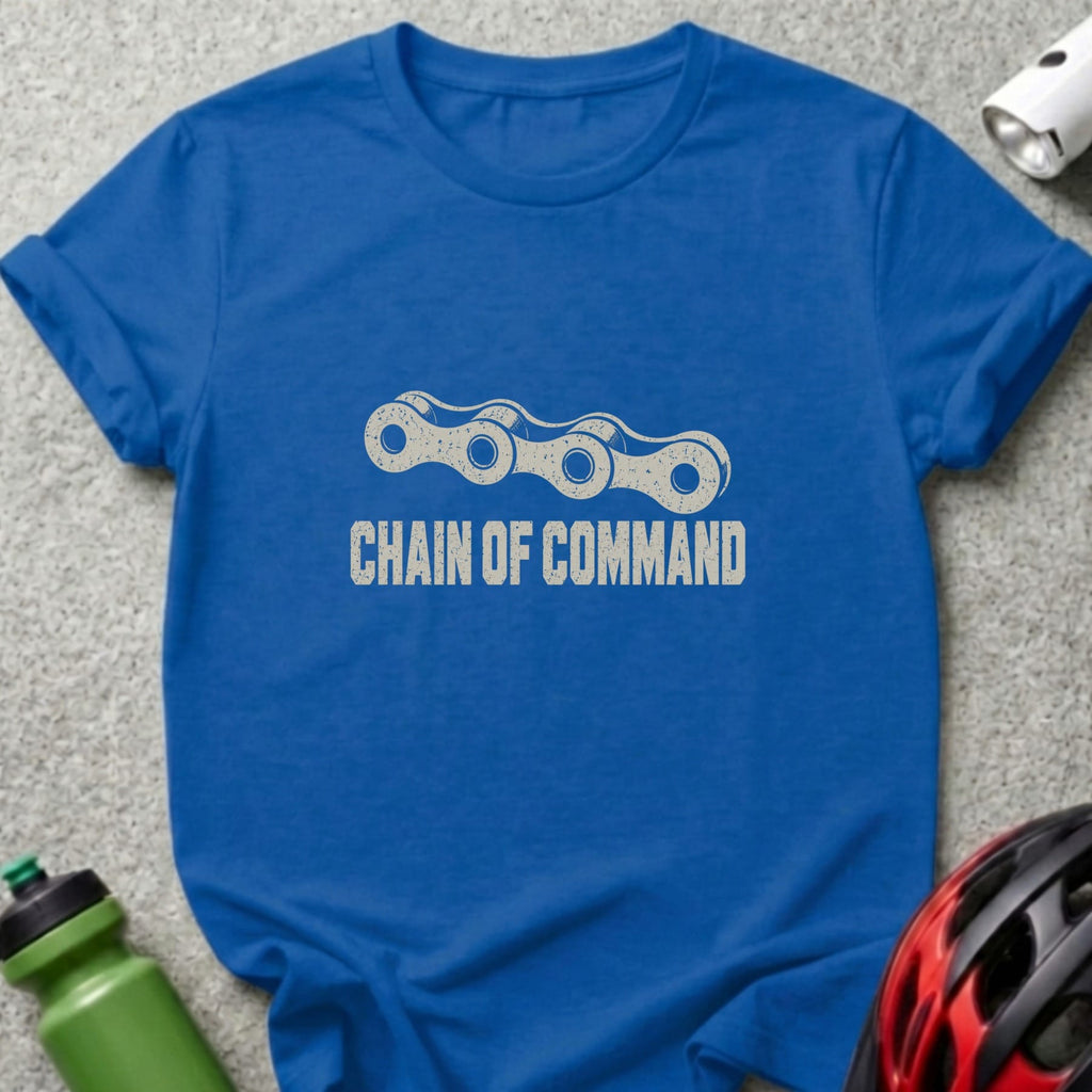 Blue t-shirt featuring a bicycle chain graphic and the text CHAIN OF COMMAND in distressed white.