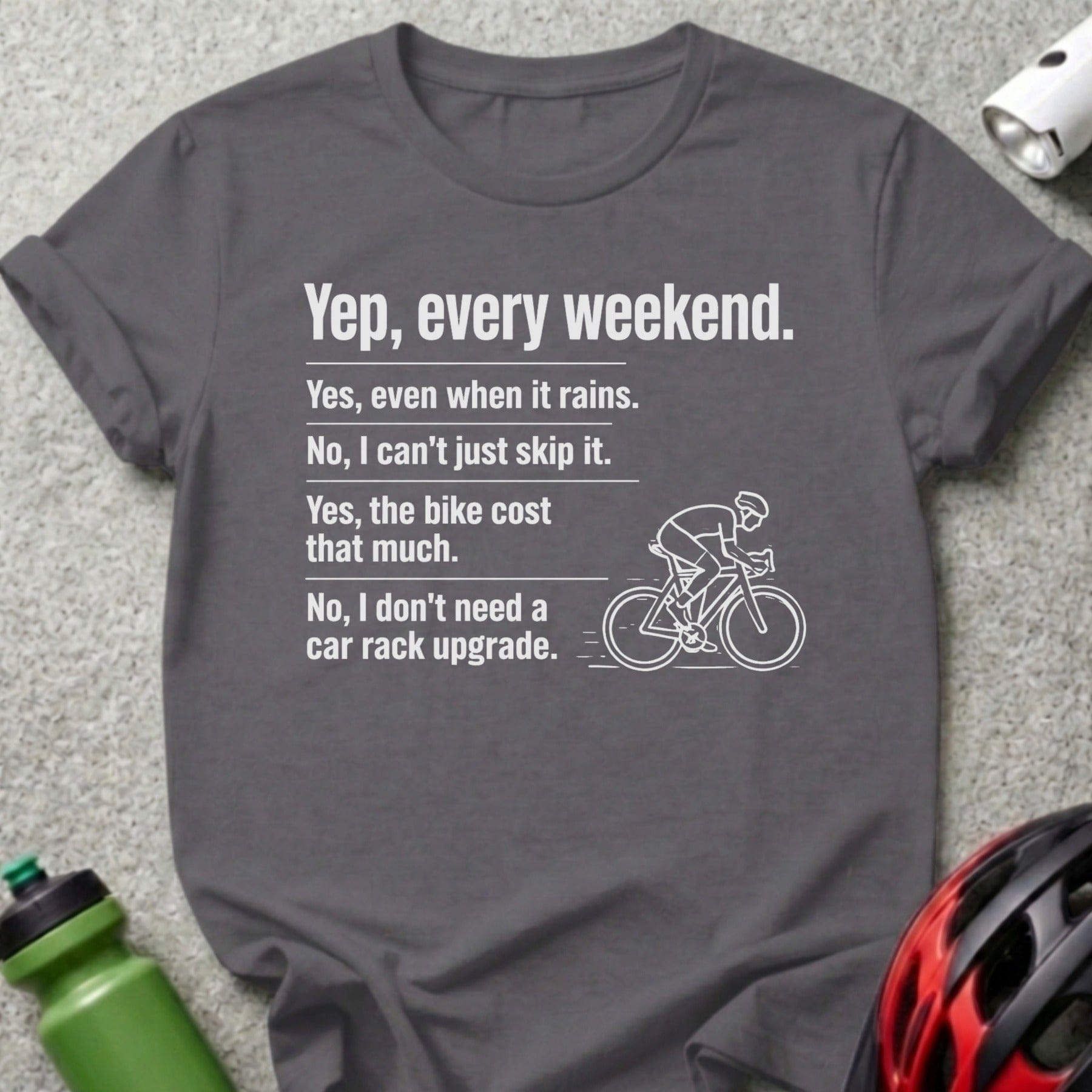 T-shirt with cyclist graphic and text about weekend bike rides.