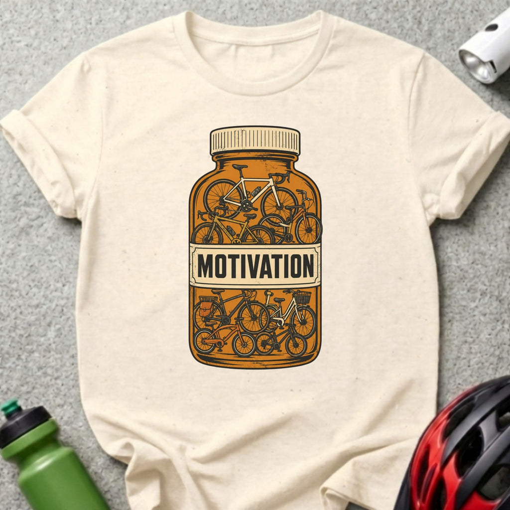 T-shirt design with a pill bottle full of bicycles labeled "MOTIVATION".