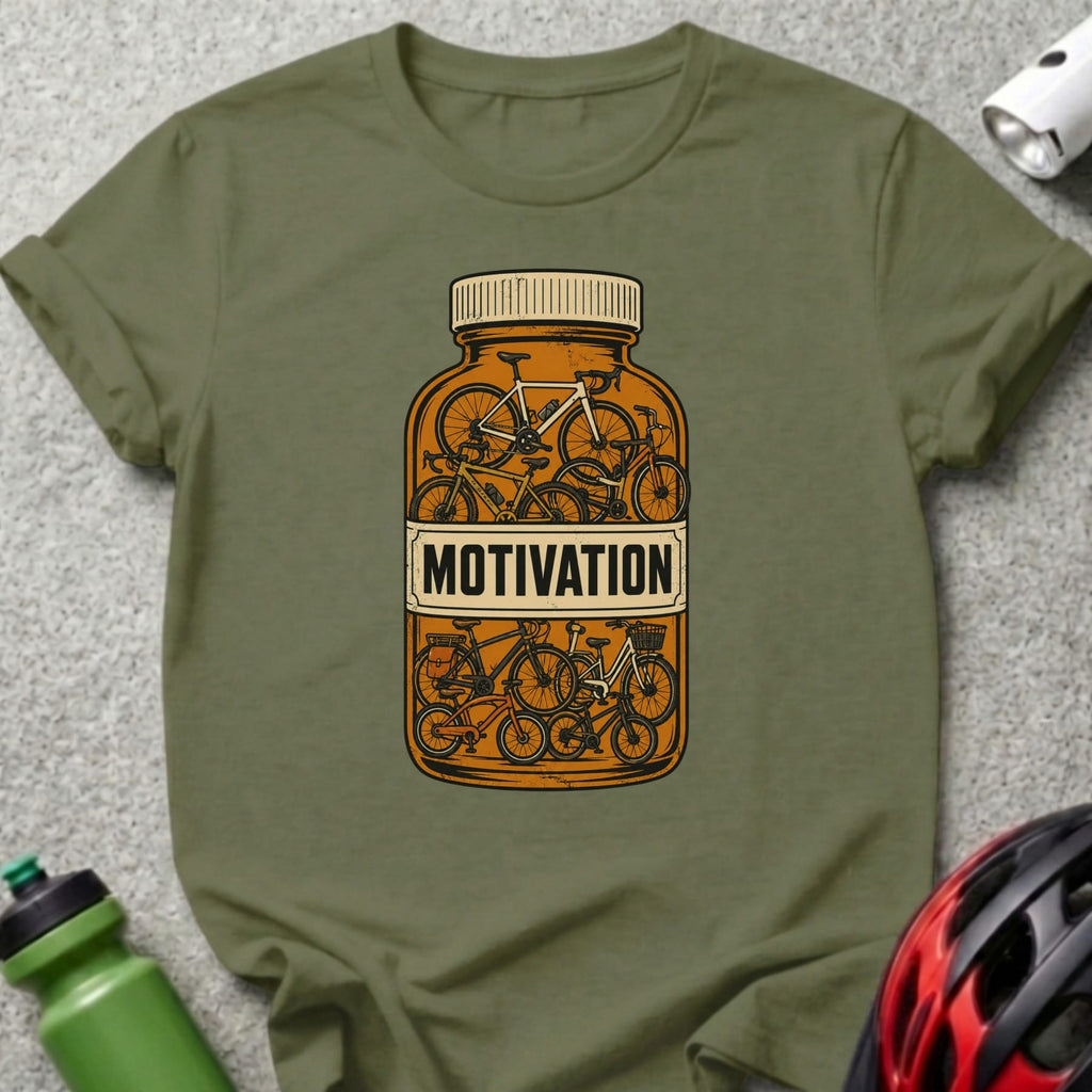 T-shirt featuring a pill bottle labeled "MOTIVATION" filled with bicycles.