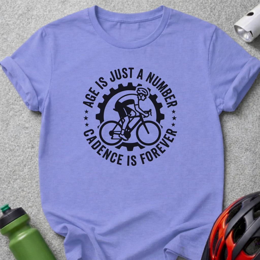 Cyclist graphic with text "Age is just a number, cadence is forever".