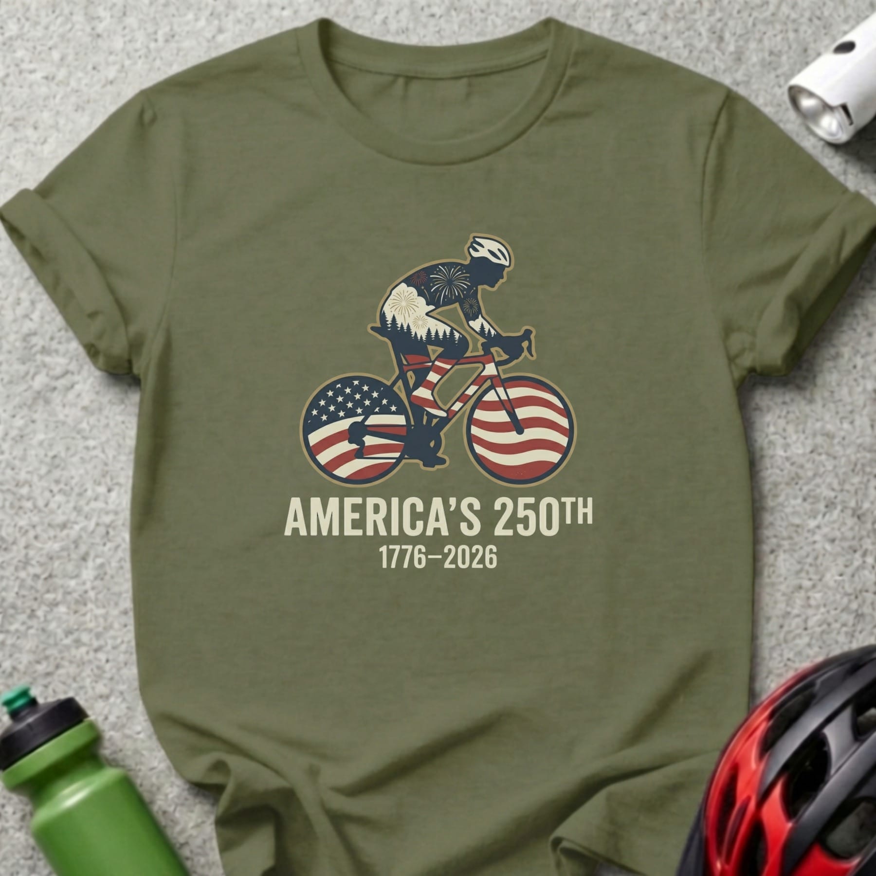 T-shirt with cyclist wearing American flag design and text "America's 250th 1776-2026".