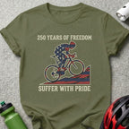 Olive t-shirt with cyclist graphic and "250 YEARS OF FREEDOM SUFFER WITH PRIDE" text.