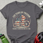 Dark gray t-shirt with "250 Years of Freedom" and bicycle riders graphic.