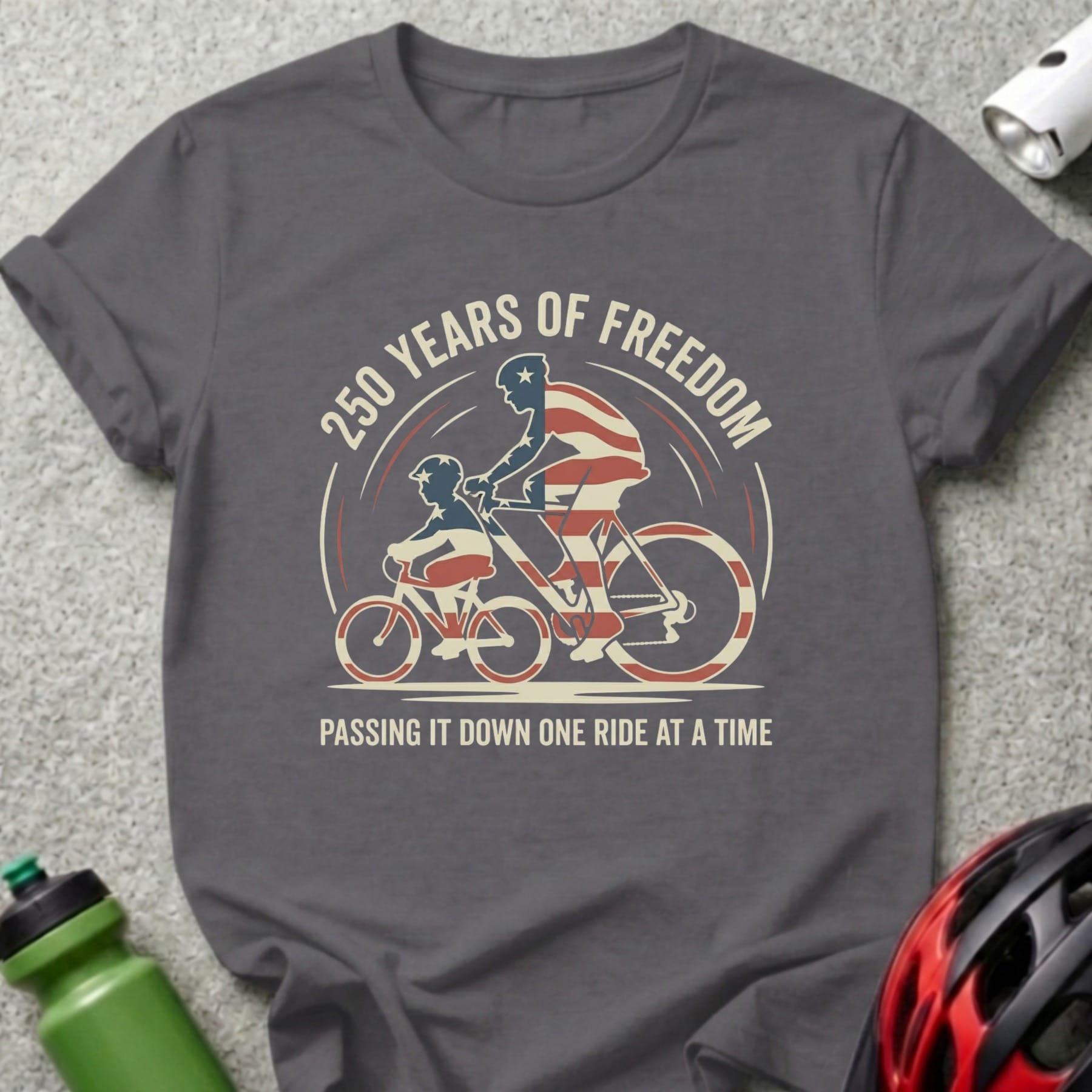 Dark gray t-shirt with "250 Years of Freedom" and bicycle riders graphic.