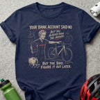 Man with bike, piggy bank, and text about spending money.