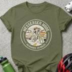 T-shirt with "Messenger Mode, No Brakes, No Rules" text and cyclist in traffic.