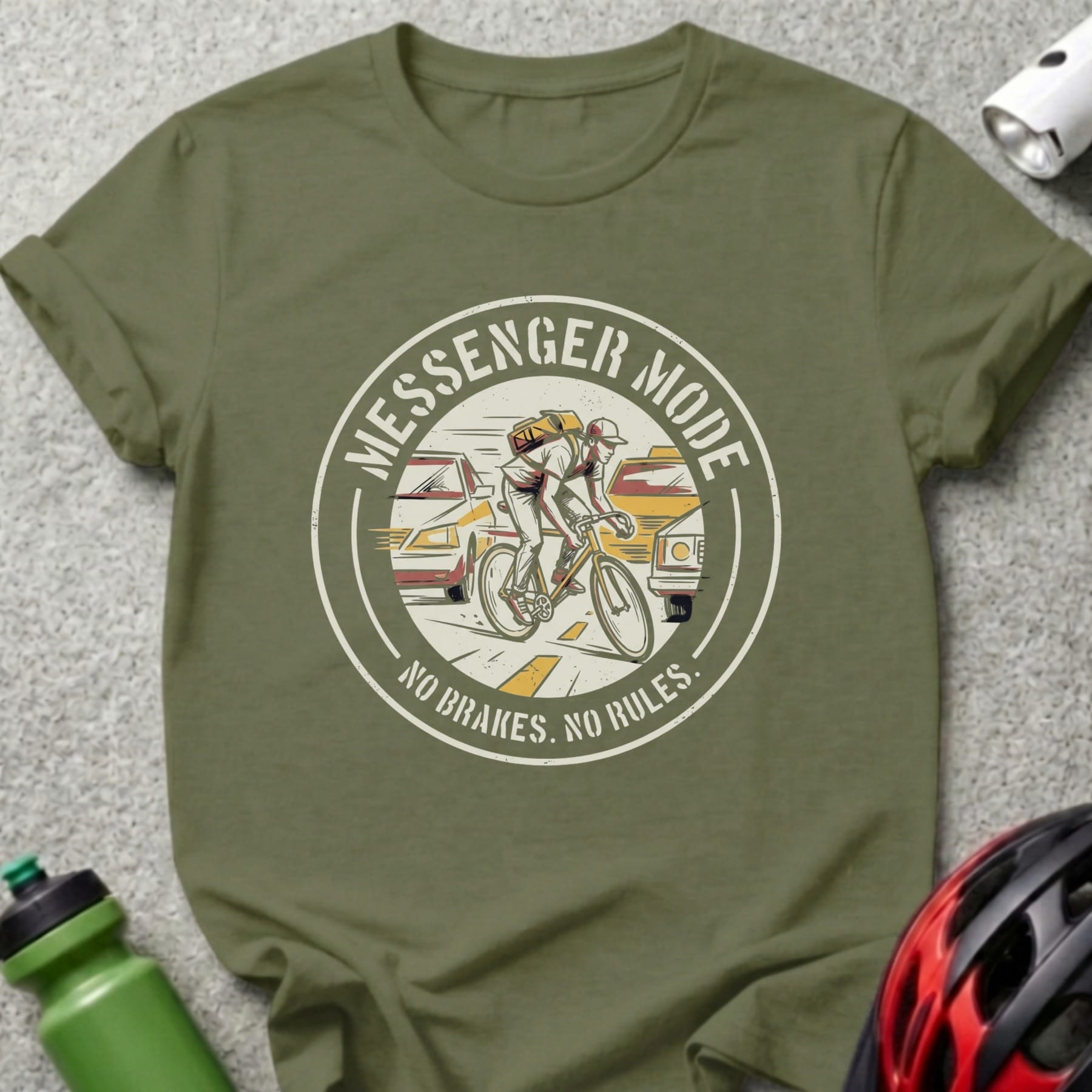 T-shirt with "Messenger Mode, No Brakes, No Rules" text and cyclist in traffic.