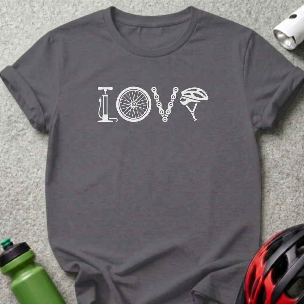 Dark grey t-shirt with "LOVE" spelled out in bicycle parts.
