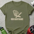 An olive green t-shirt featuring a graphic of a folding hex key set above the text HIGH MAINTENANCE.