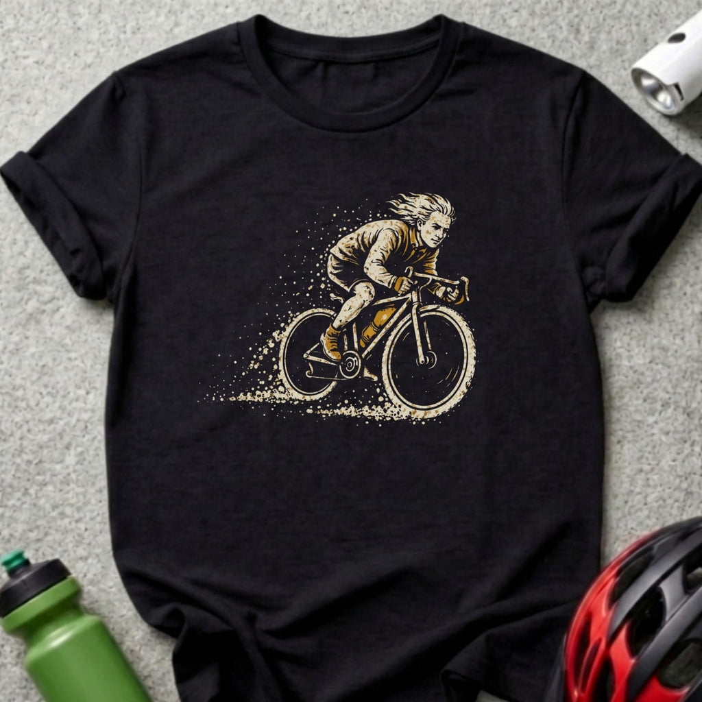 T-shirt graphic of a cyclist riding a bicycle with a brown background.