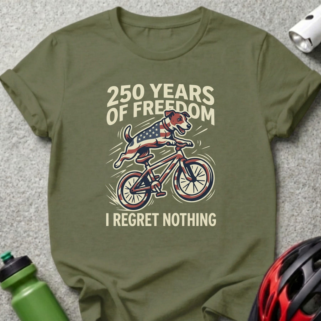 Olive green t-shirt with dog on bicycle, American flag, "250 Years of Freedom I Regret Nothing".
