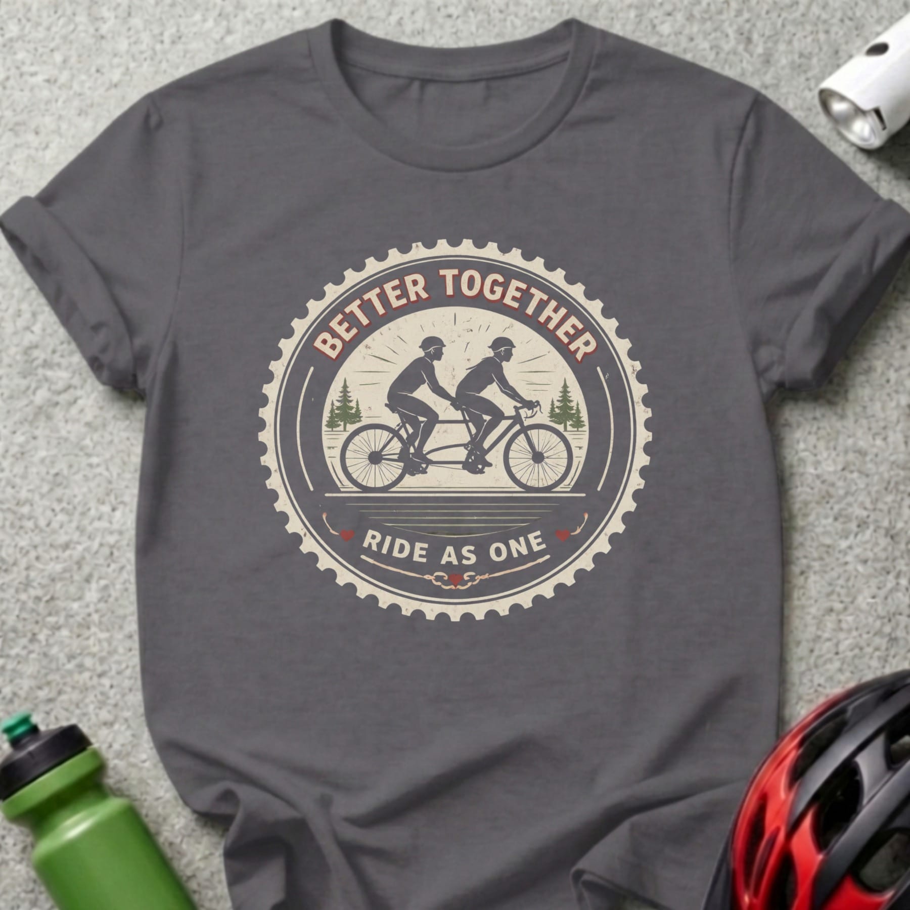 T-shirt graphic with cyclists on tandem bike, "Better Together Ride as One" text.